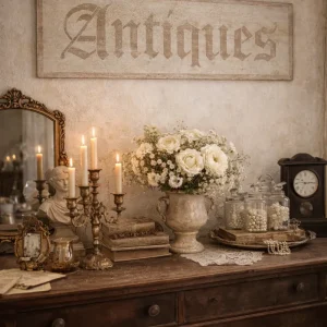 Insegna Scritta "ANTIQUES" Avorio Con Patina Antica