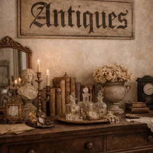 Insegna Scritta "ANTIQUES" Patina Antica