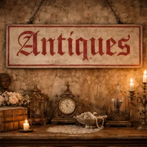 Insegna Scritta "ANTIQUES" Bianco Anticato E Rosso
