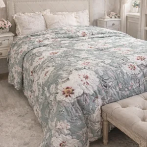 Trapunta Velluto Con Fiori Verde Bosco Matrimoniale