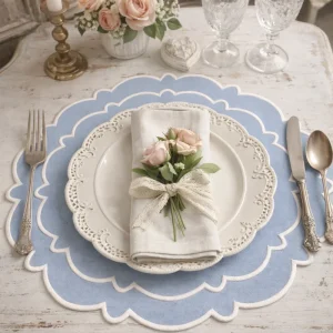 Tovaglietta Rotonda Idrorepellente Ricamata Azzurro/ Bianco