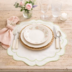 Tovaglietta Rotonda Lino Ricamata Bianca/Verde Chiaro