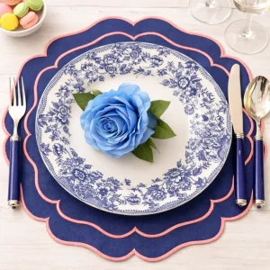 Tovaglietta Rotonda Idrorepellente Ricamata Blu/ Rosa