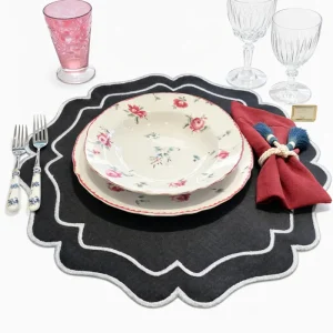 Tovaglietta Rotonda Lino Ricamata Nero/Grigio