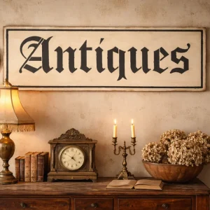 Insegna Scritta "ANTIQUES" Panna Anticato