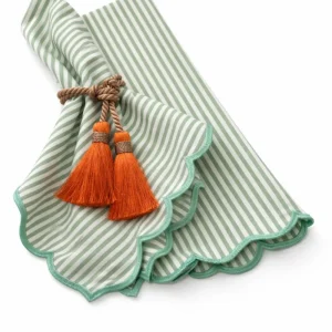 Tovagliolo A Righe Verde Acqua Con Orlo Smerlato